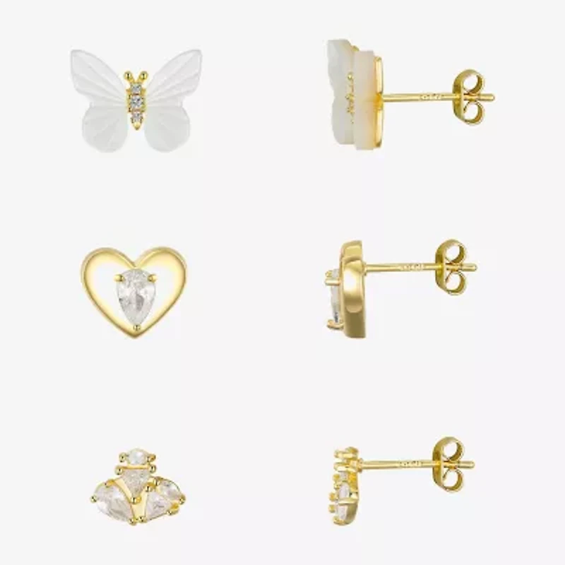 Silver Reflections Womens Cubic Zirconia 10K Gold Over Brass Butterfly 3 Pair Earring Set