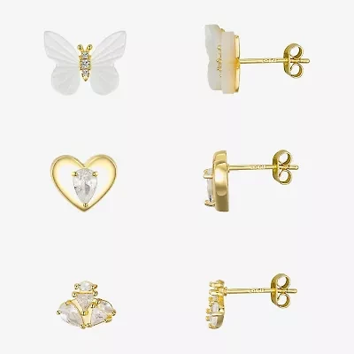 Silver Reflections Womens Cubic Zirconia 10K Gold Over Brass Butterfly 3 Pair Earring Set