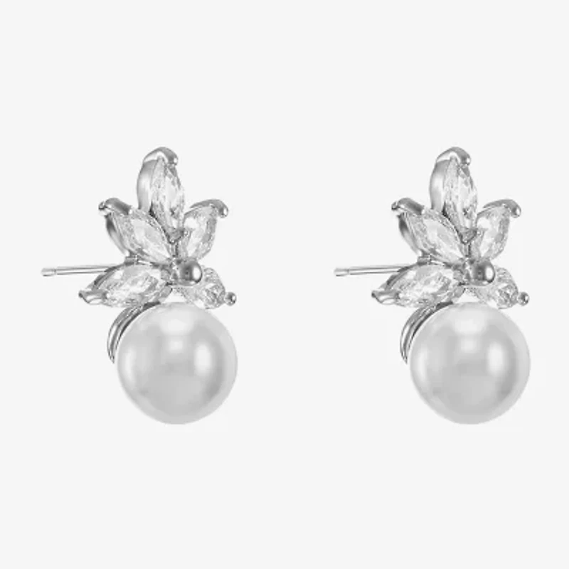 Monet Jewelry Timeless Silver Tone Cubic Zirconia Simulated Pearl 13.8mm Stud Earrings