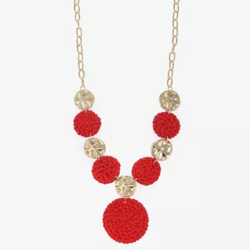 Liz Claiborne Gold Tone Hammered Raffia Womens Round 17 Inch Pendant Necklace