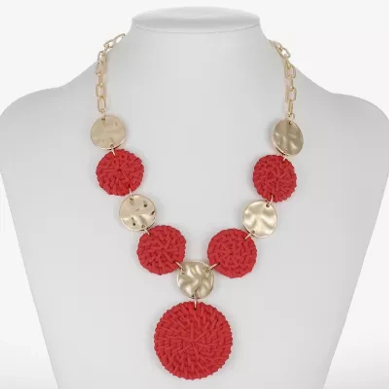 Liz Claiborne Gold Tone Hammered Raffia Womens Round 17 Inch Pendant Necklace