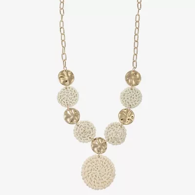Liz Claiborne Gold Tone Hammered Raffia Womens Round 17 Inch Pendant Necklace