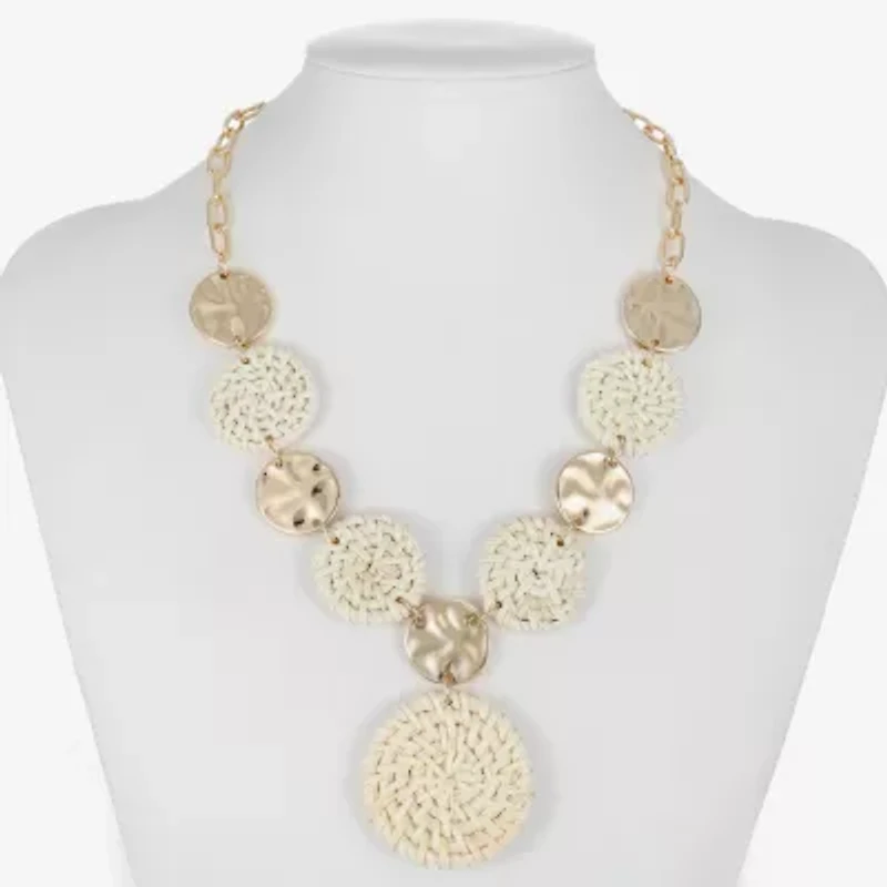 Liz Claiborne Gold Tone Hammered Raffia Womens Round 17 Inch Pendant Necklace