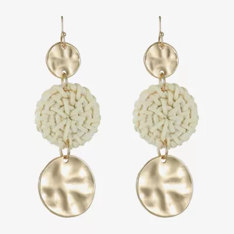 Liz Claiborne Gold Tone Hammered Raffia Womens Round Drop Earrings