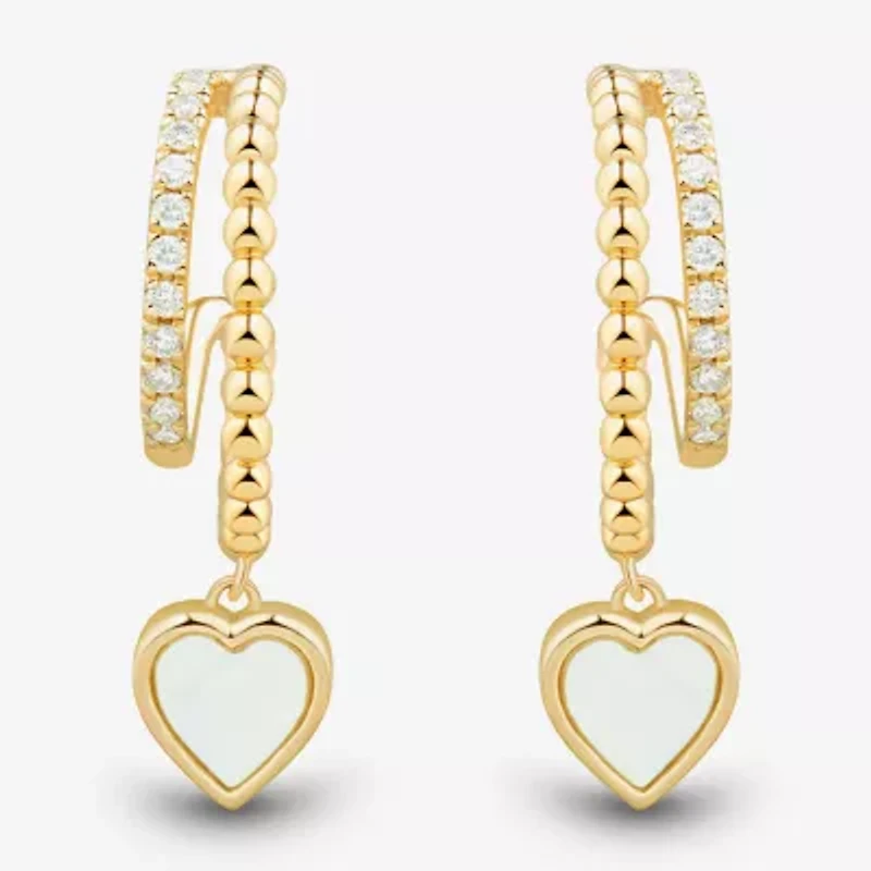 Womens 1/5 CT. Genuine White Mother Of Pearl 14K Gold Over Silver 24.4mm Heart Hoop Earrings
