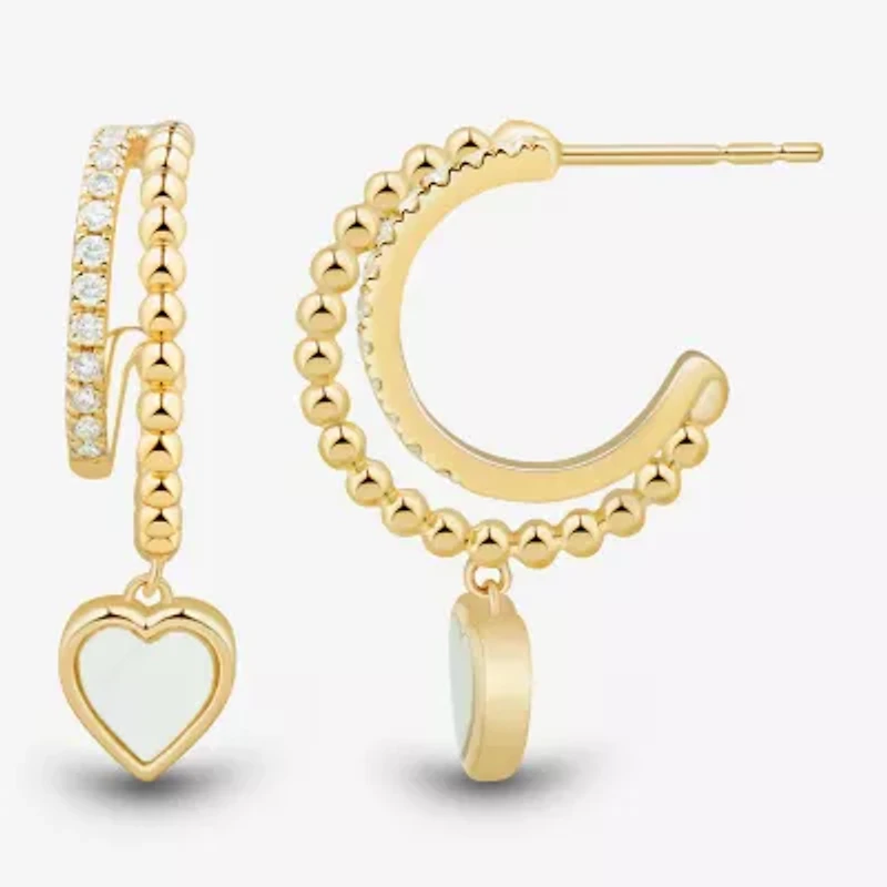 Womens 1/5 CT. Genuine White Mother Of Pearl 14K Gold Over Silver 24.4mm Heart Hoop Earrings