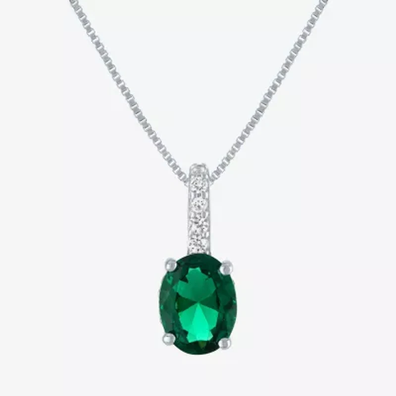 Womens Lab Created Green Emerald Sterling Silver Oval 18 Inch Pendant Necklace