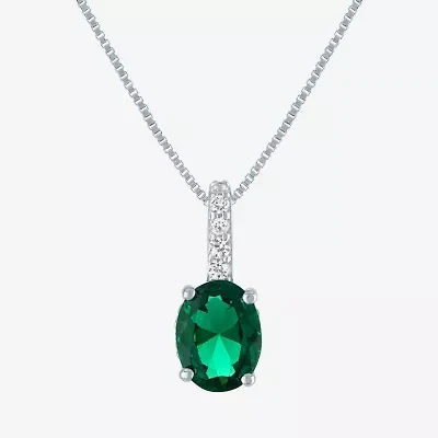 Womens Lab Created Green Emerald Sterling Silver Oval 18 Inch Pendant Necklace