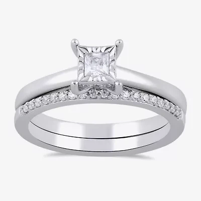H / I1-I2) Womens 1/ CT. T.W. Lab Grown White Diamond Sterling Silver Halo Bridal Set