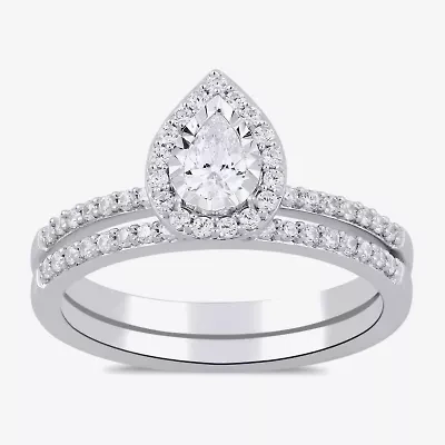 (H / I1-I2) Womens 5/8 CT. T.W. Lab Grown White Diamond Sterling Silver Pear Side Stone Bridal Set
