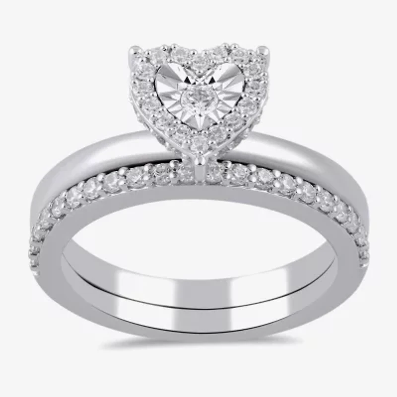 (H / I1-I2) Womens 1/2 CT. T.W. Lab Grown White Diamond Sterling Silver Heart Halo Bridal Set