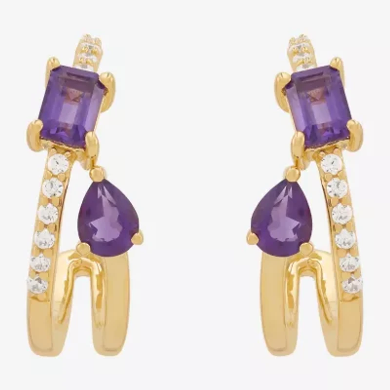 Womens Genuine Purple Amethyst 14K Gold Over Silver 17.2mm Pear Hoop Earrings