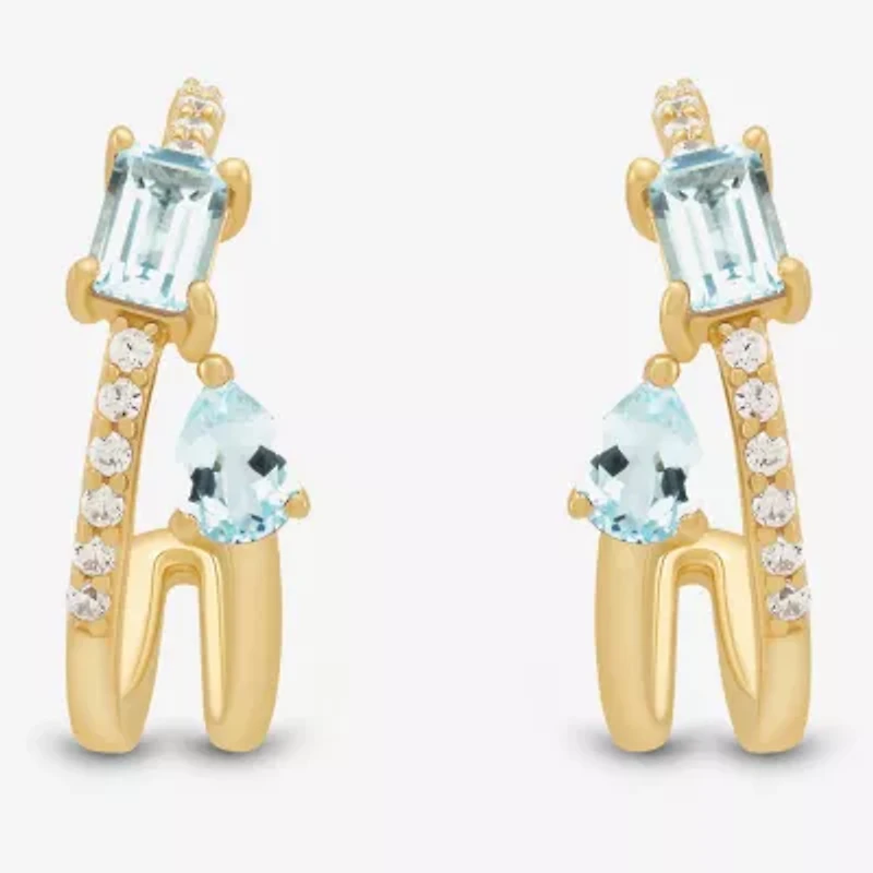 Womens Genuine Blue Aquamarine 14K Gold Over Silver 17.2mm Pear Hoop Earrings