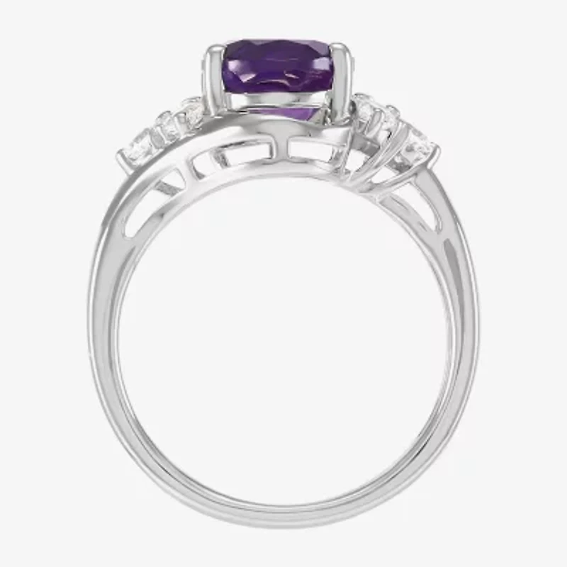 Womens Genuine Purple Amethyst Sterling Silver Oval Side Stone Cocktail Ring