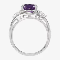 Womens Genuine Purple Amethyst Sterling Silver Oval Side Stone Cocktail Ring