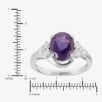 Womens Genuine Purple Amethyst Sterling Silver Oval Side Stone Cocktail Ring