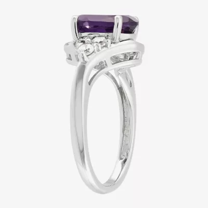Womens Genuine Purple Amethyst Sterling Silver Oval Side Stone Cocktail Ring