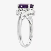 Womens Genuine Purple Amethyst Sterling Silver Oval Side Stone Cocktail Ring