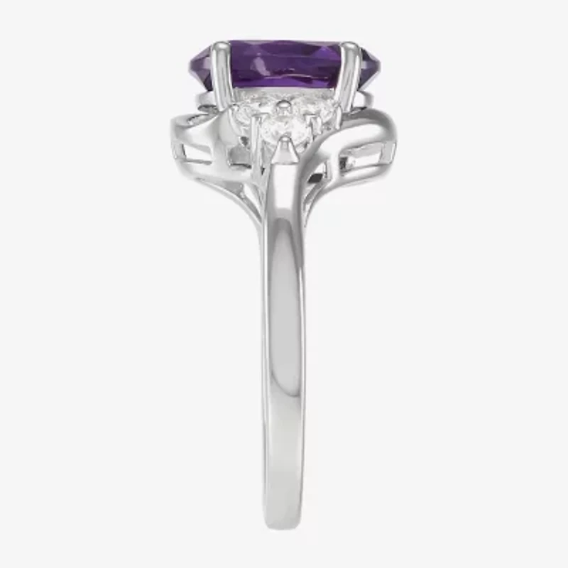 Womens Genuine Purple Amethyst Sterling Silver Oval Side Stone Cocktail Ring