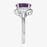 Womens Genuine Purple Amethyst Sterling Silver Oval Side Stone Cocktail Ring