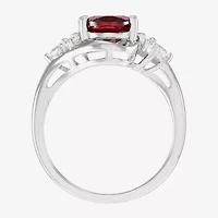 Womens Genuine Red Garnet Sterling Silver Oval Side Stone Cocktail Ring