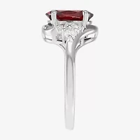 Womens Genuine Red Garnet Sterling Silver Oval Side Stone Cocktail Ring