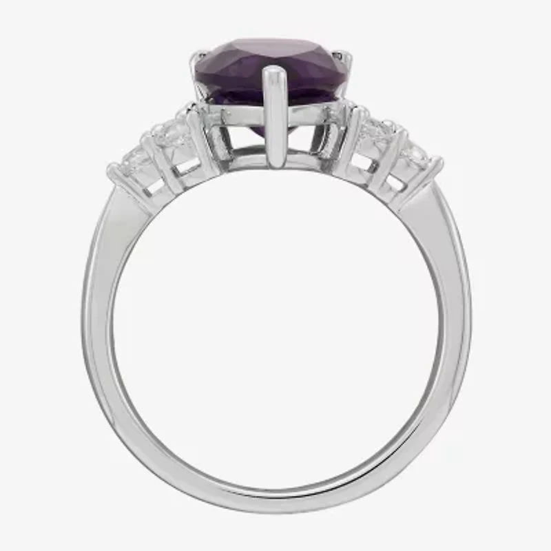 Womens Genuine Purple Amethyst Sterling Silver Pear Side Stone Cocktail Ring