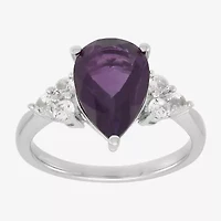 Womens Genuine Purple Amethyst Sterling Silver Pear Side Stone Cocktail Ring