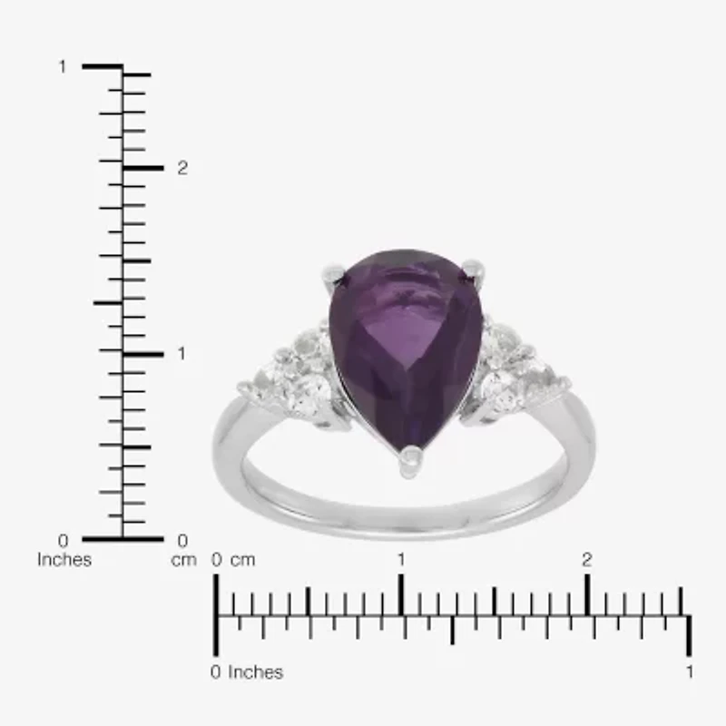 Womens Genuine Purple Amethyst Sterling Silver Pear Side Stone Cocktail Ring