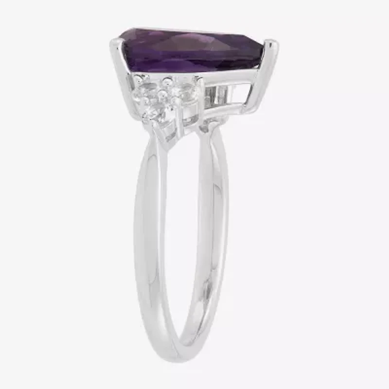 Womens Genuine Purple Amethyst Sterling Silver Pear Side Stone Cocktail Ring