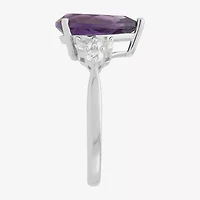 Womens Genuine Purple Amethyst Sterling Silver Pear Side Stone Cocktail Ring