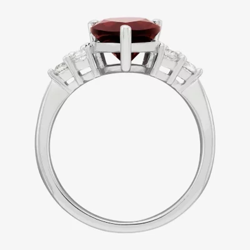 Womens Genuine Red Garnet Sterling Silver Pear Side Stone Cocktail Ring