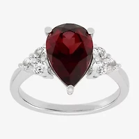 Womens Genuine Red Garnet Sterling Silver Pear Side Stone Cocktail Ring