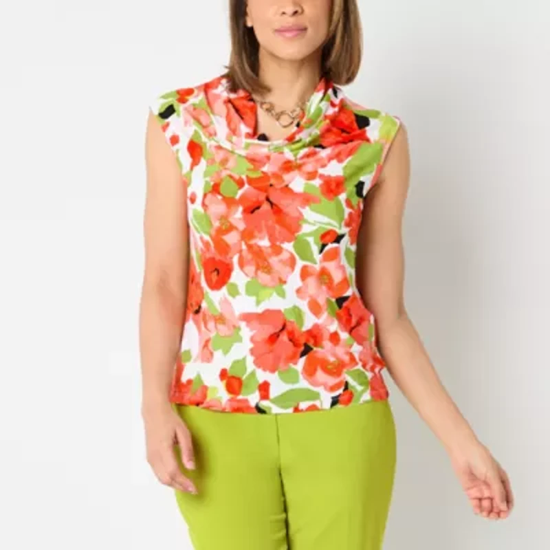 Black Label by Evan-Picone Floral Womens Cowl Neck Sleeveless Blouse