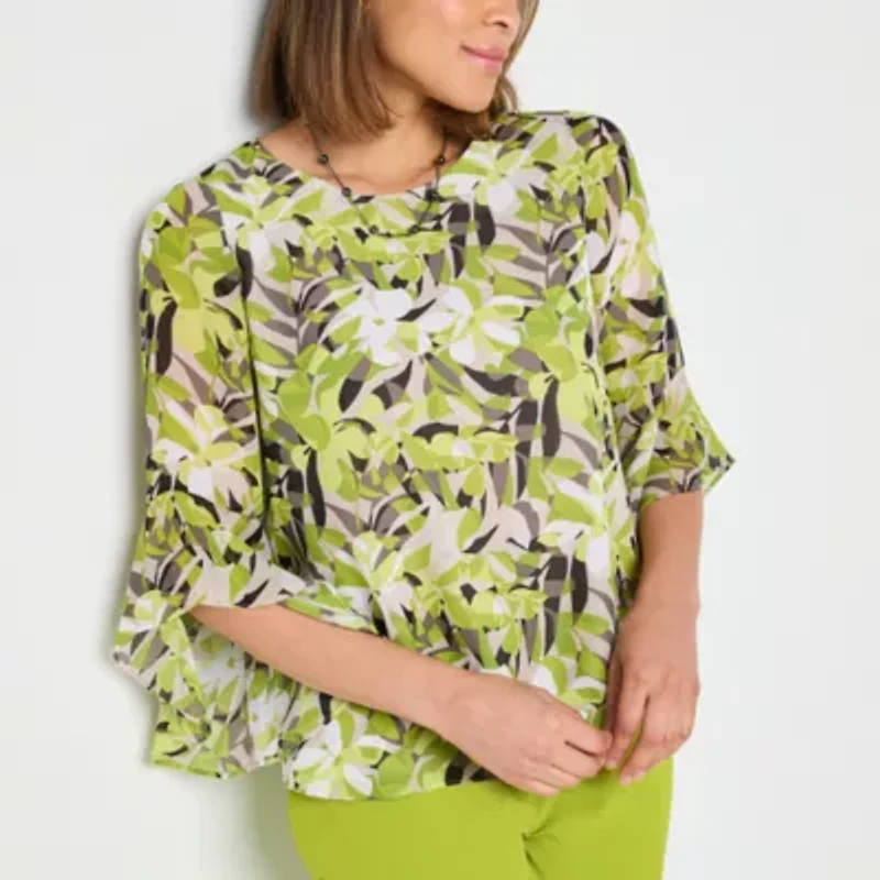 Black Label by Evan-Picone Floral Womens Crew Neck 3/4 Sleeve Blouse
