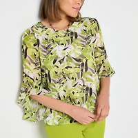 Black Label by Evan-Picone Floral Womens Crew Neck 3/4 Sleeve Blouse