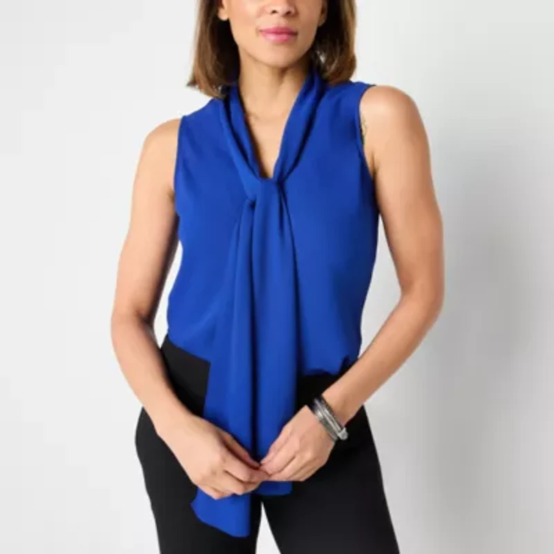 Black Label by Evan-Picone Womens Split Tie Neck Sleeveless Blouse