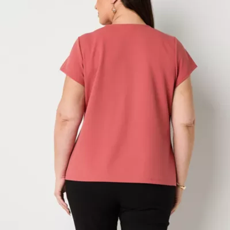Liz Claiborne Texture Womens Round Neck Short Sleeve Plus Blouse