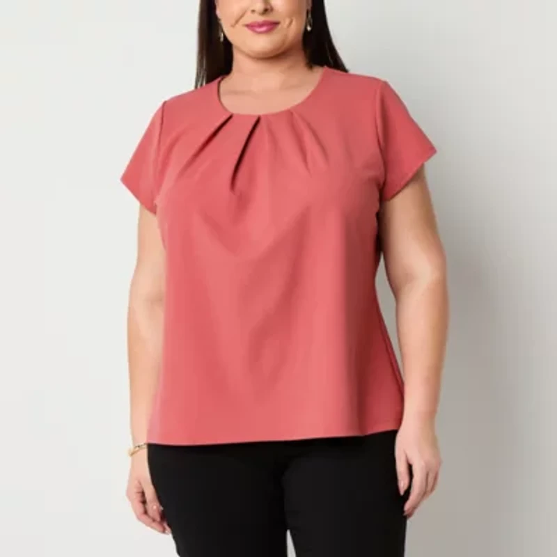 Liz Claiborne Texture Womens Round Neck Short Sleeve Plus Blouse