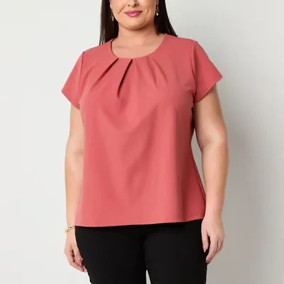 Liz Claiborne Texture Womens Round Neck Short Sleeve Plus Blouse