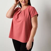 Liz Claiborne Texture Womens Round Neck Short Sleeve Plus Blouse