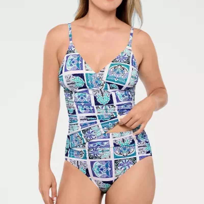 Liz Claiborne Womens Comfort Straps Shirred Patchwork Tankini Swimsuit Top
