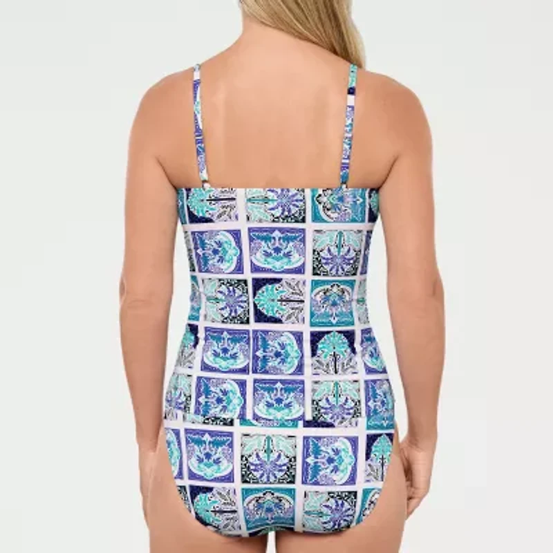 Liz Claiborne Womens Comfort Straps Shirred Patchwork Tankini Swimsuit Top