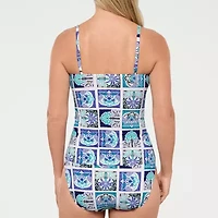 Liz Claiborne Womens Comfort Straps Shirred Patchwork Tankini Swimsuit Top