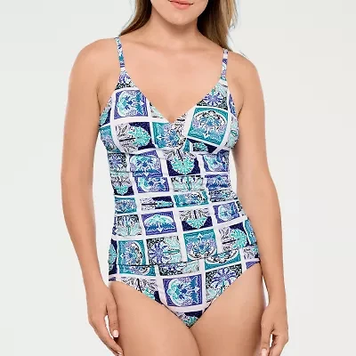 Liz Claiborne Womens Comfort Straps Shirred Patchwork Tankini Swimsuit Top