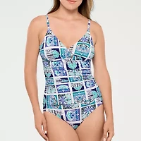 Liz Claiborne Womens Comfort Straps Shirred Patchwork Tankini Swimsuit Top