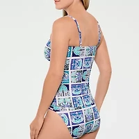 Liz Claiborne Womens Comfort Straps Shirred Patchwork Tankini Swimsuit Top