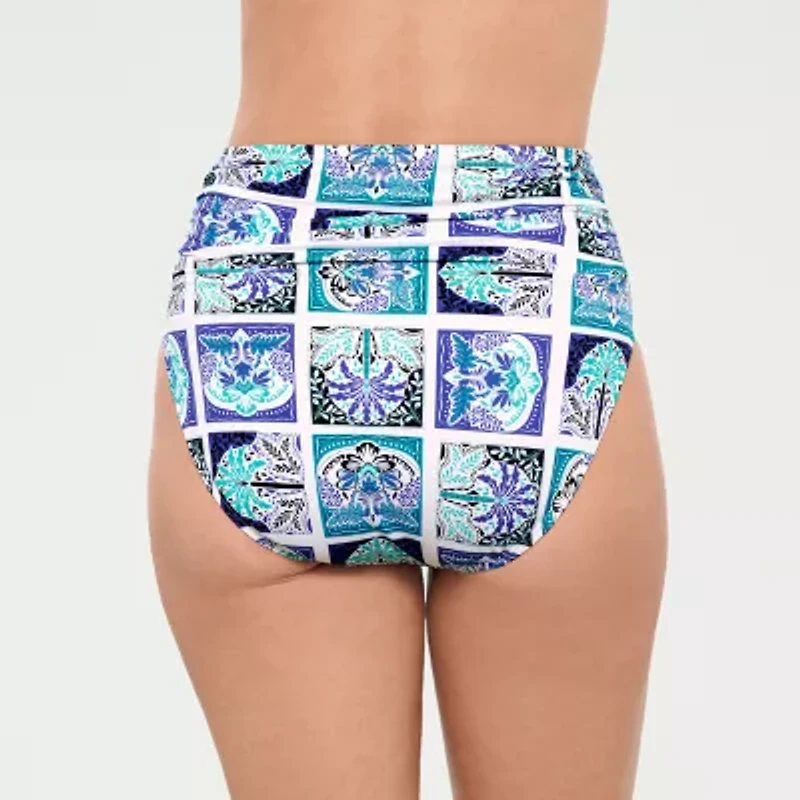 Liz Claiborne Womens Comfort Waistband Patchwork High Waist Bikini Swimsuit Bottom