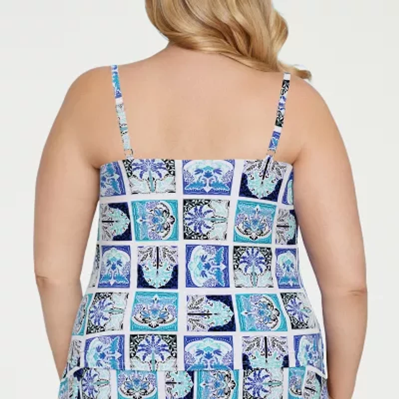 Liz Claiborne Womens Comfort Straps Shirred Patchwork Plus Tankini Swimsuit Top