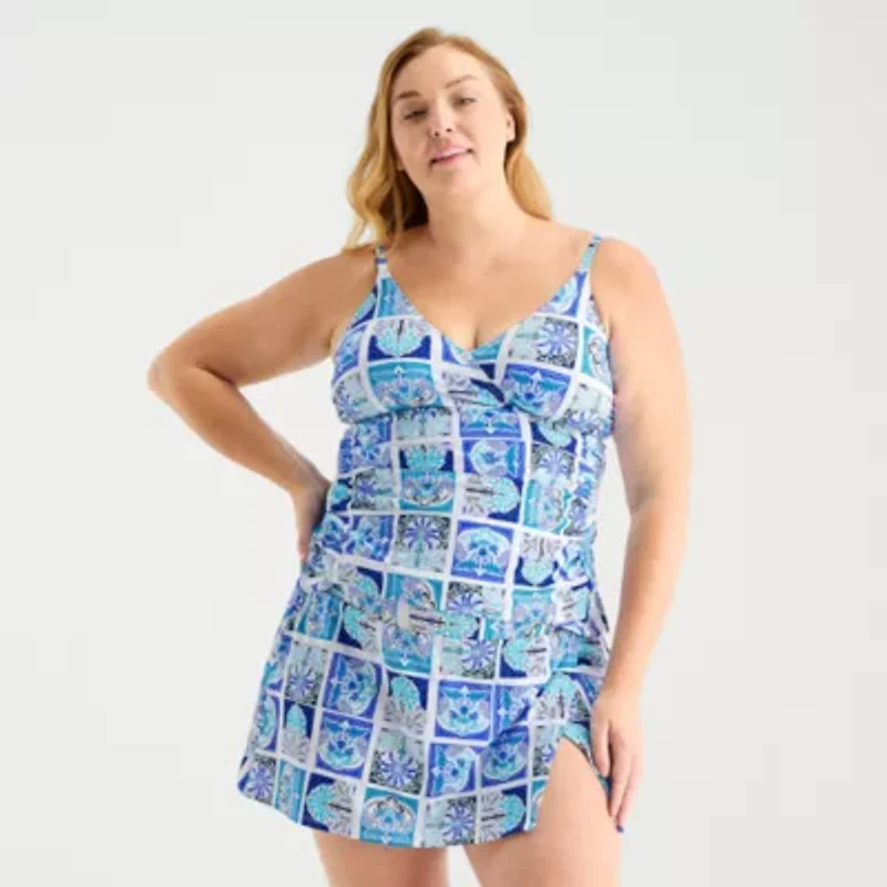 Liz Claiborne Womens Comfort Straps Shirred Patchwork Plus Tankini Swimsuit Top